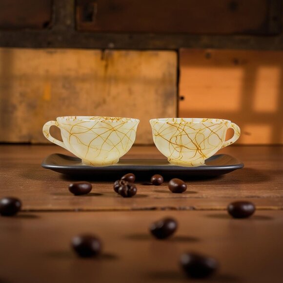 Vintage Hazel Atlas Marbled Milk Glass Teacups Set Of Two - Picture 4 of 10